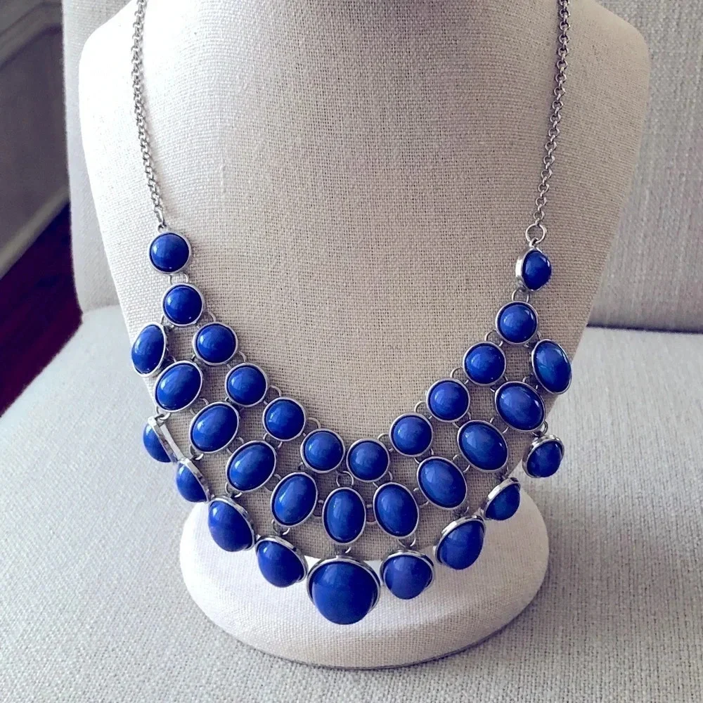 Silver‎ Tone Blue Oval Cabochon Tiered Layer Necklace 16”-18” Fashion Jewelry
